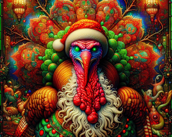 Surreal Illustration of Turkey Dressed as Santa Claus