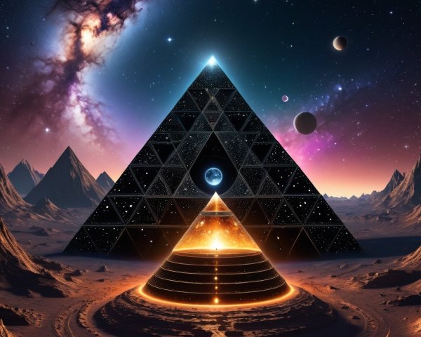 Cosmic Landscape with Illuminated Pyramid and Stars