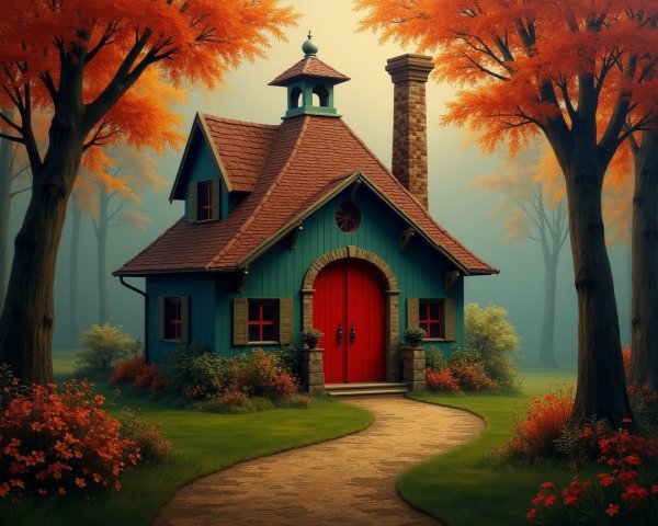 Colorful Cottage Surrounded by Vibrant Fall Foliage