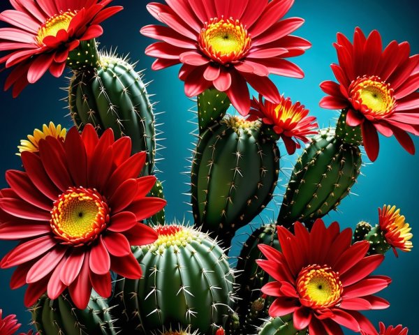 Vibrant Cacti Arrangement with Red Flowers and Blue Background
