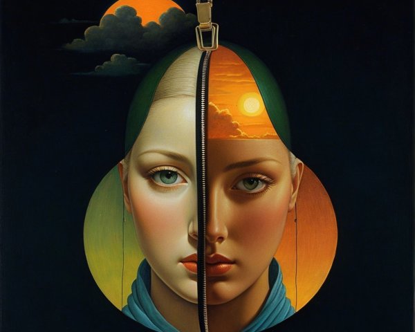 Split-faced figure with zipper and sunset landscape