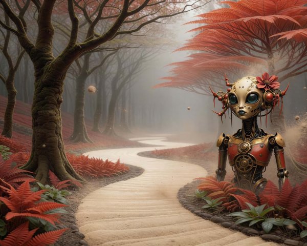 Steampunk Robot in Misty Forest with Red Flower