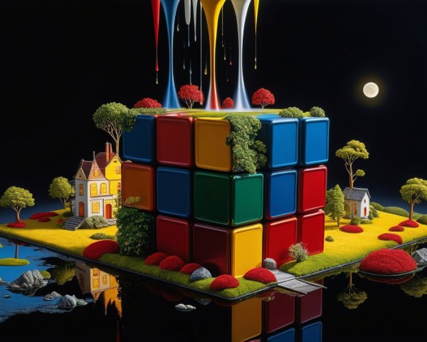 Surreal Landscape with Giant Rubik's Cube and Moonlight