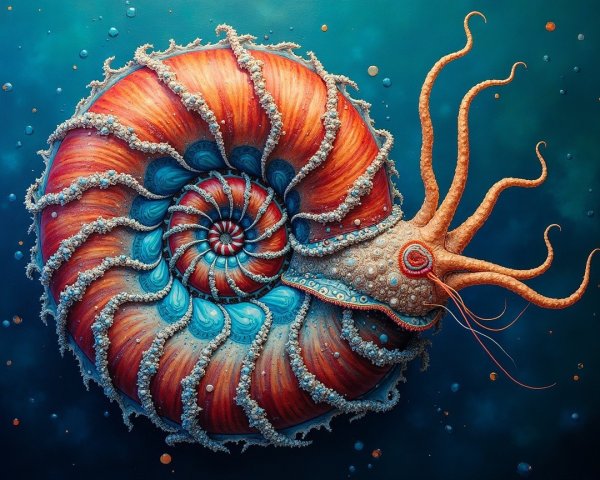 Surreal Nautilus with Colorful Shell and Tentacles