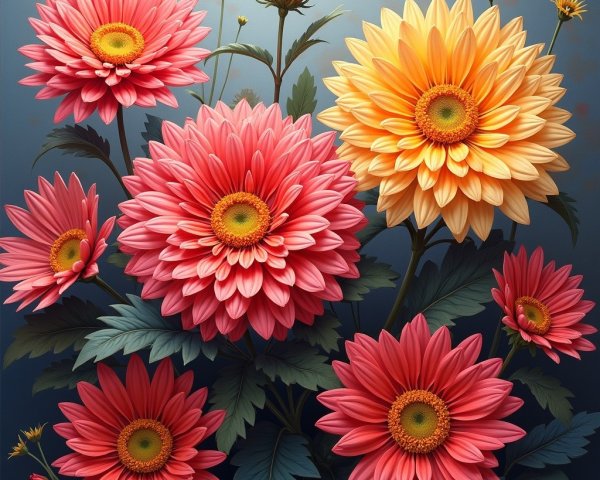 Oversized Daisies in Vibrant Colors with Green Leaves