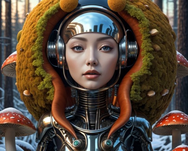 Futuristic humanoid in a mystical forest setting