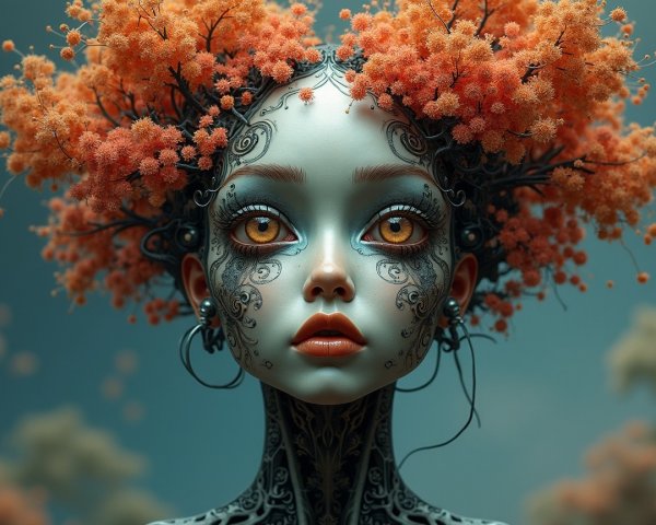 Ethereal figure with flowers and intricate designs