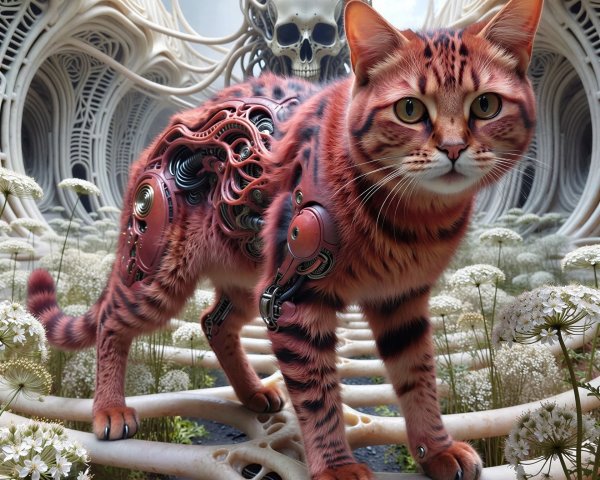 Red Cyborg Kitten on Bone Road Under Skull Sky