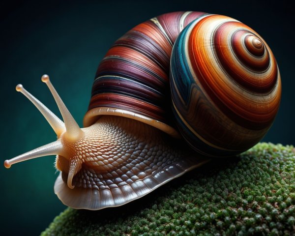 Close-up of a snail on green moss with colorful shell