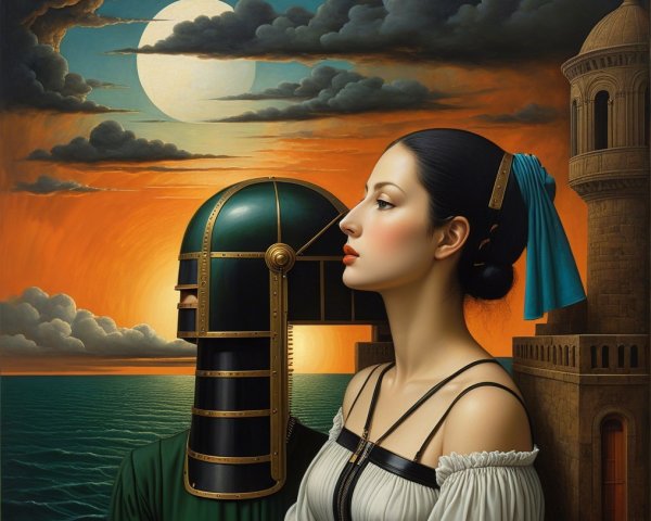 Surreal Scene of Woman and Armored Knight at Sunset