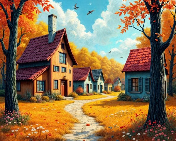 Autumn Scene with Colorful Foliage and Charming Houses