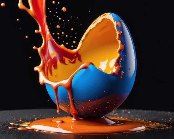 Vibrant Blue Egg Bursting with Orange Paint Splashes