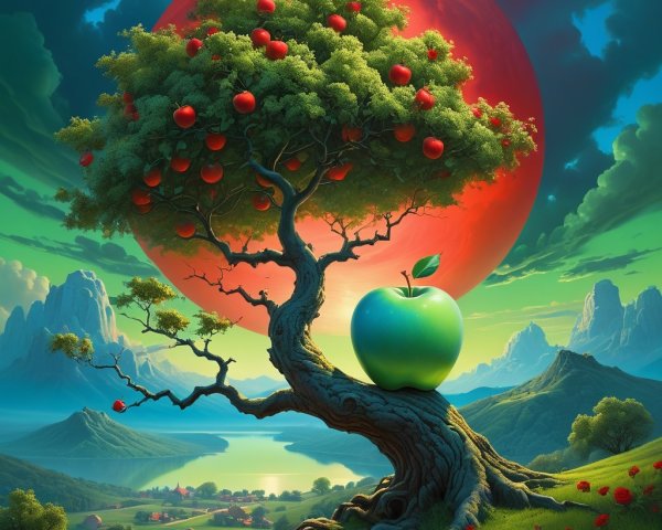Surreal Landscape with Green Apple and Red Sun