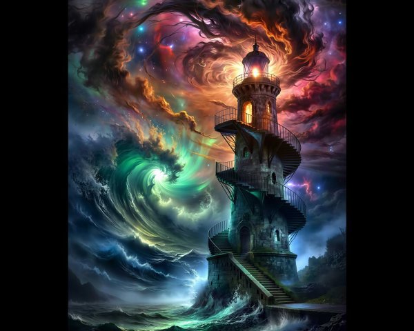 Fantastical lighthouse on rocky shore with stormy ocean