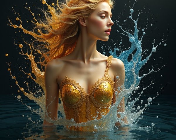 Portrait of a woman in water with golden hair and bodice