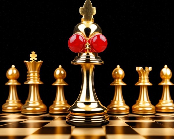 Golden Chess Set with Red Accents on Dark Board