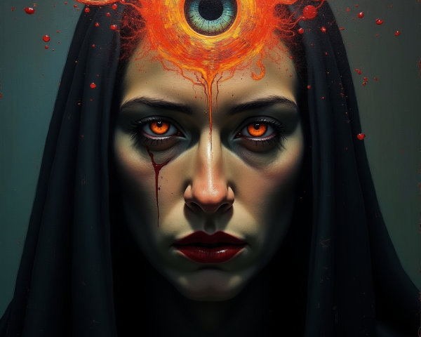 Portrait of a woman with fiery orange eyes and mysticism