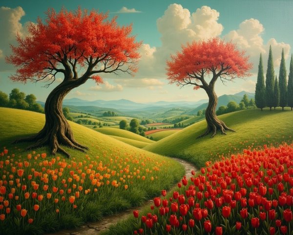 Serene Landscape with Red Trees and Orange Tulips