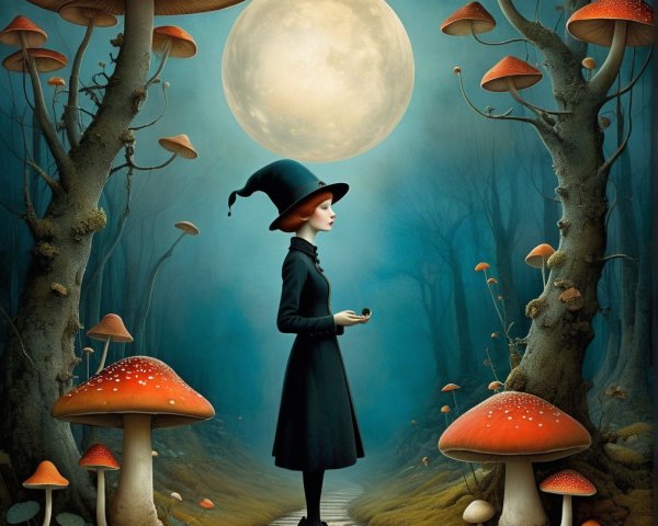 Mysterious Moonlit Path with Whimsical Trees and Mushrooms