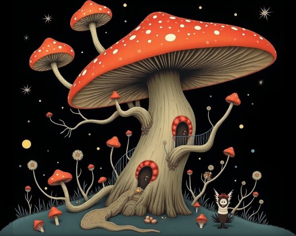Whimsical Mushroom Scene with Enchanting Flora