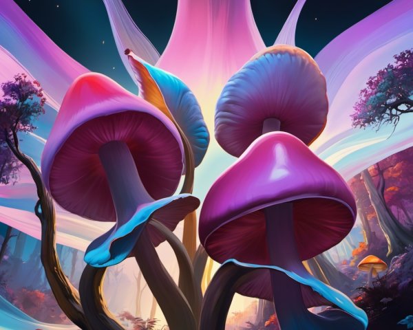 Psychedelic Fantasy Landscape with Luminous Mushrooms
