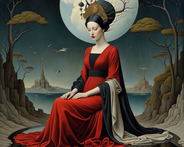 Serene Figure in Red and Black Gown Under Full Moon