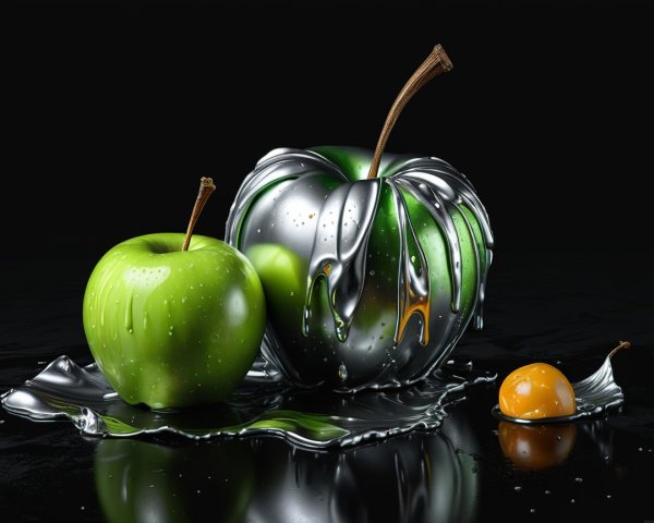 Vibrant Green Apples with Metallic Coating and Egg