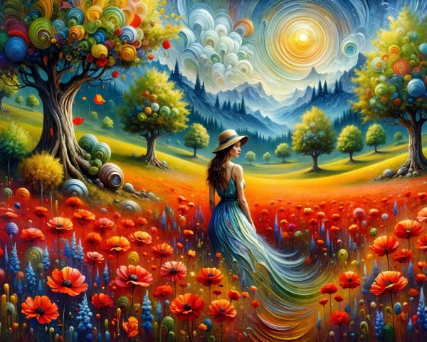 Vibrant Landscape with Woman in Poppy Field
