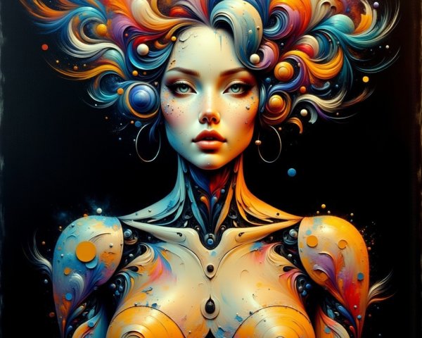 Stylized female figure with vibrant hair and robotic skin