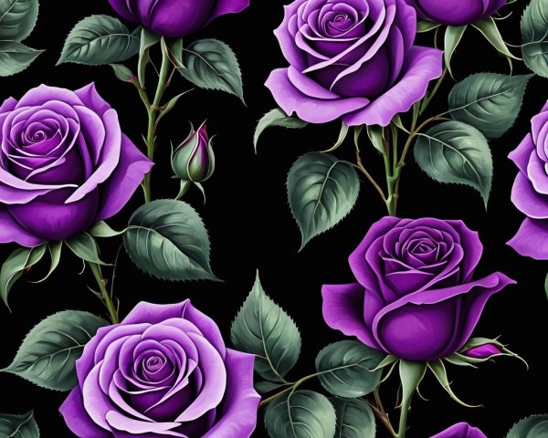 Deep Purple Roses Pattern on Black Background
