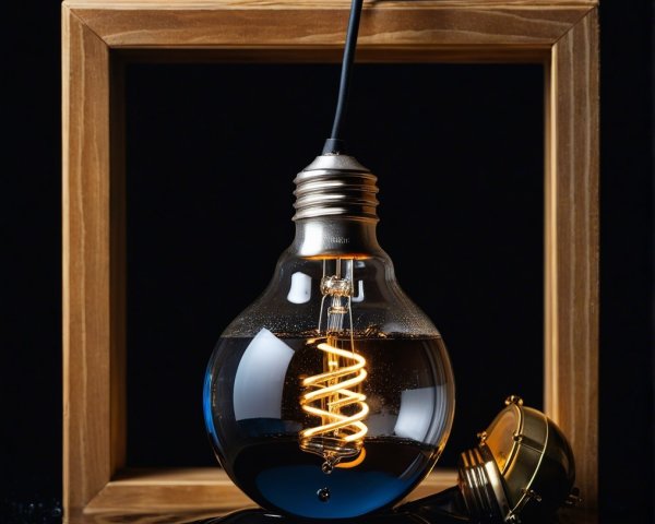 Vintage Light Bulb in Water with Wooden Frame