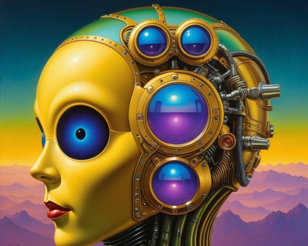 Futuristic Robot with Yellow Face and Blue Eyes