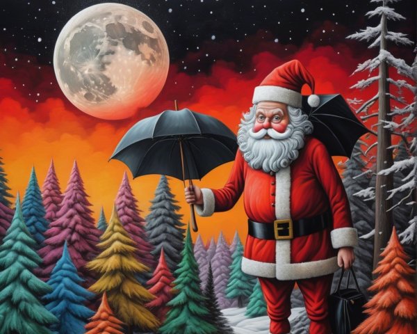 Santa Claus in a winter landscape under a full moon
