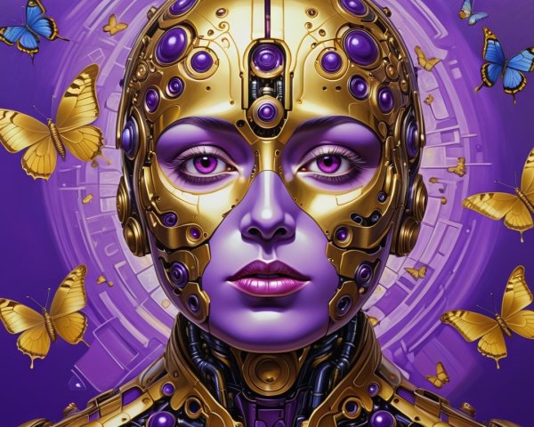 Futuristic Humanoid Robot with Butterflies and Purple Background