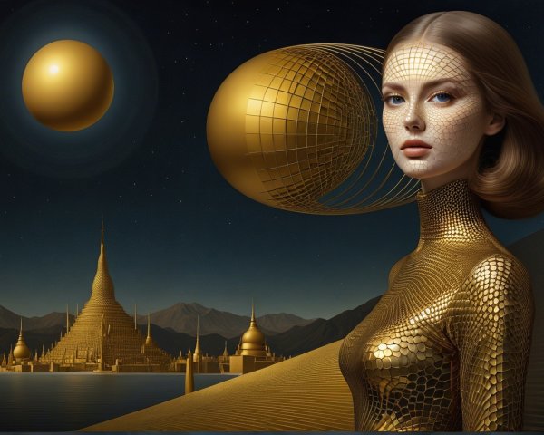 Futuristic Female Figure in a Mystical Golden Landscape