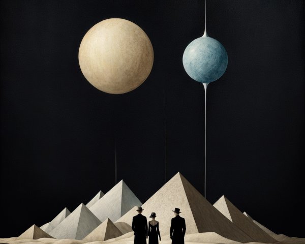 Surreal Landscape with Figures and Towering Pyramids