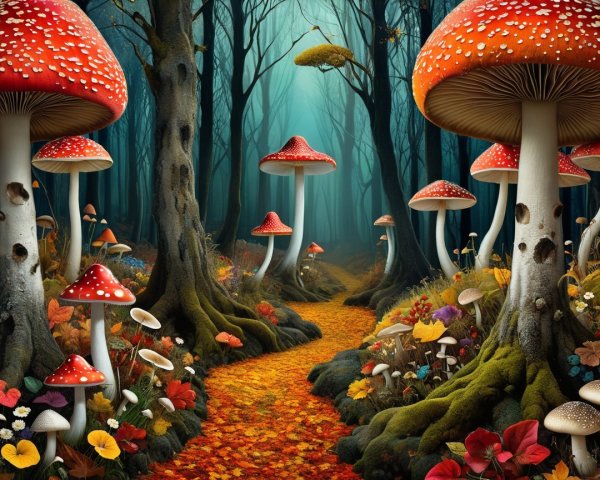 Whimsical Forest Path with Colorful Fungi and Light