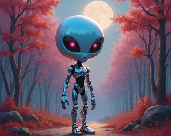 Futuristic Alien in Surreal Forest with Luminous Moon