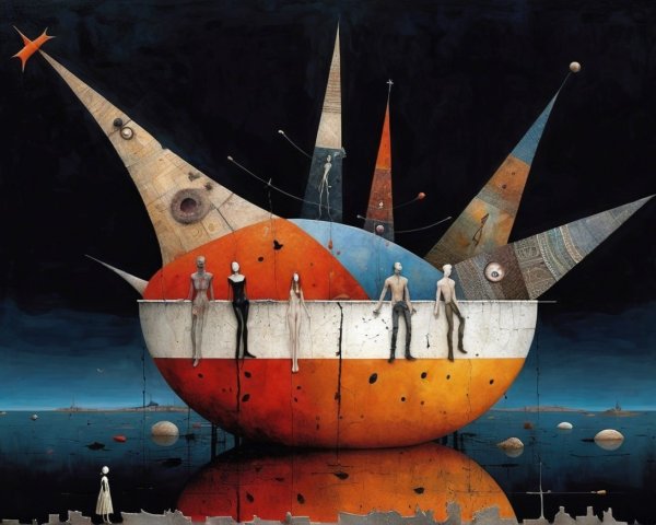 Colorful boat structure with abstract figures in dark setting