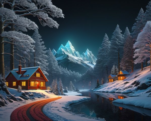 Winter Landscape with Cabins and Starry Sky