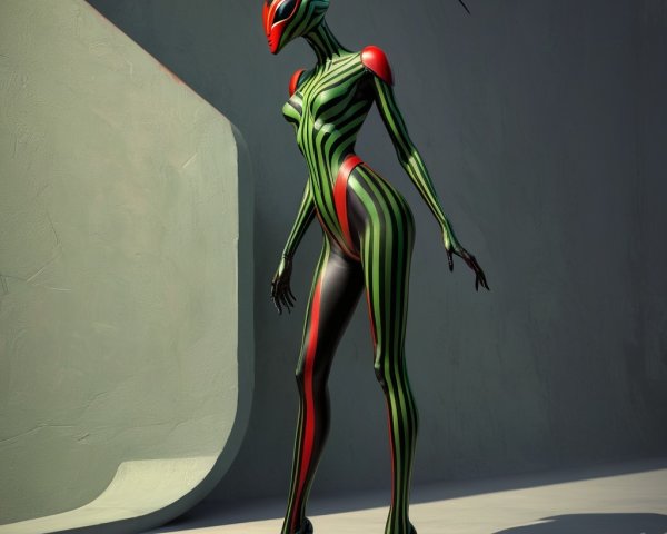 Stylized humanoid figure with insect-inspired design