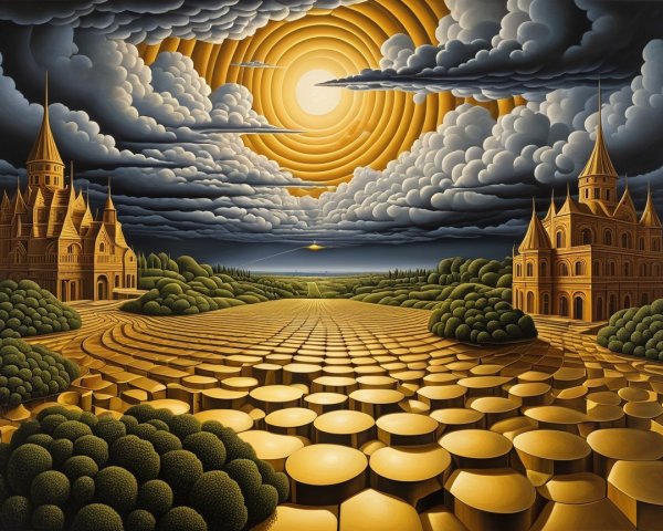 Surreal Landscape with Castles and Honeycomb Patterns