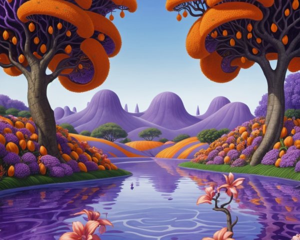 Vibrant Landscape with Whimsical Trees and River