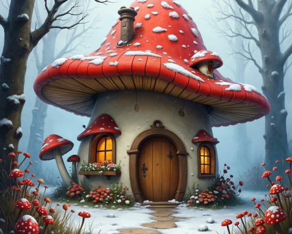 Whimsical Mushroom House in a Snowy Forest Setting