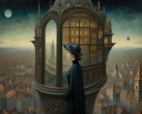 Elegant Figure Before Whimsical Architectural Structure