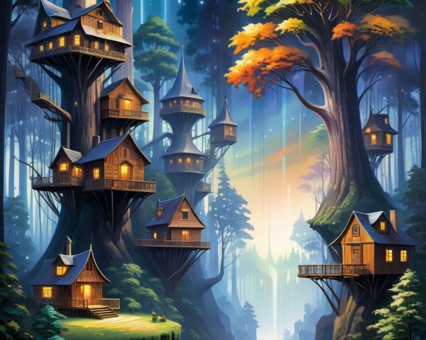 Magical forest with whimsical treehouses and lights