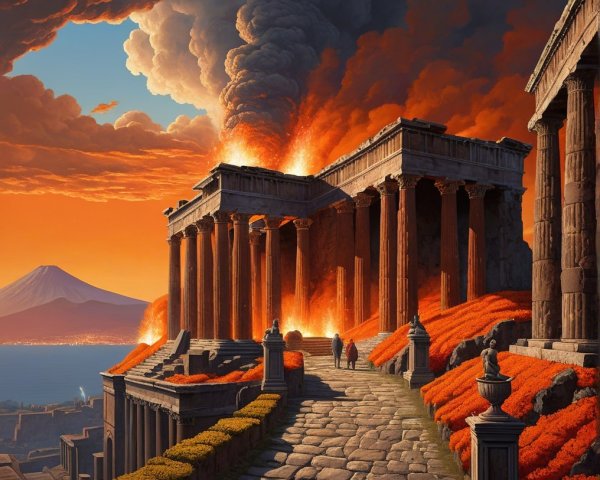 Ancient Ruins and Erupting Volcano at Sunset