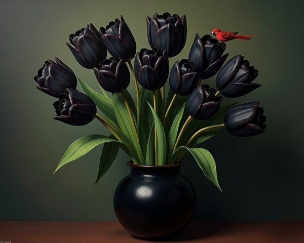 Black Tulips and Red Bird in Glossy Black Vase