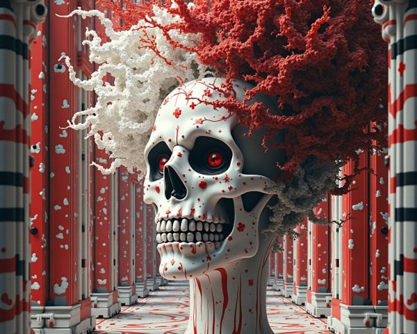 Surreal Corridor with Skull and Vibrant Coral Hair