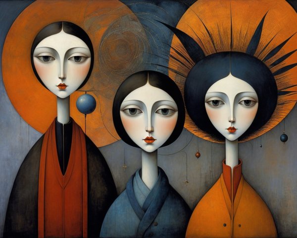 Stylized Women with Elongated Features and Halos